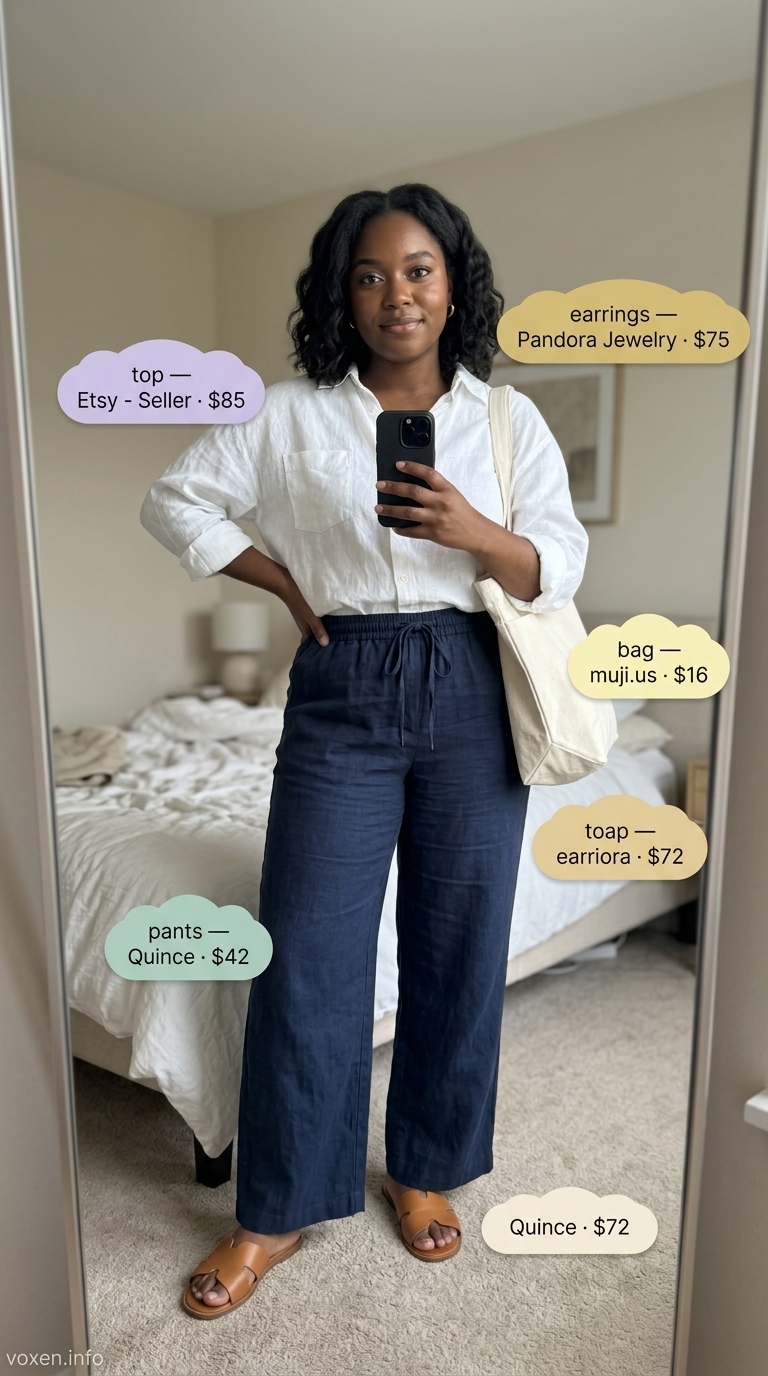 Light blue linen shorts set for women 2026, styled with an oversized white shirt and tan slides for beach days.