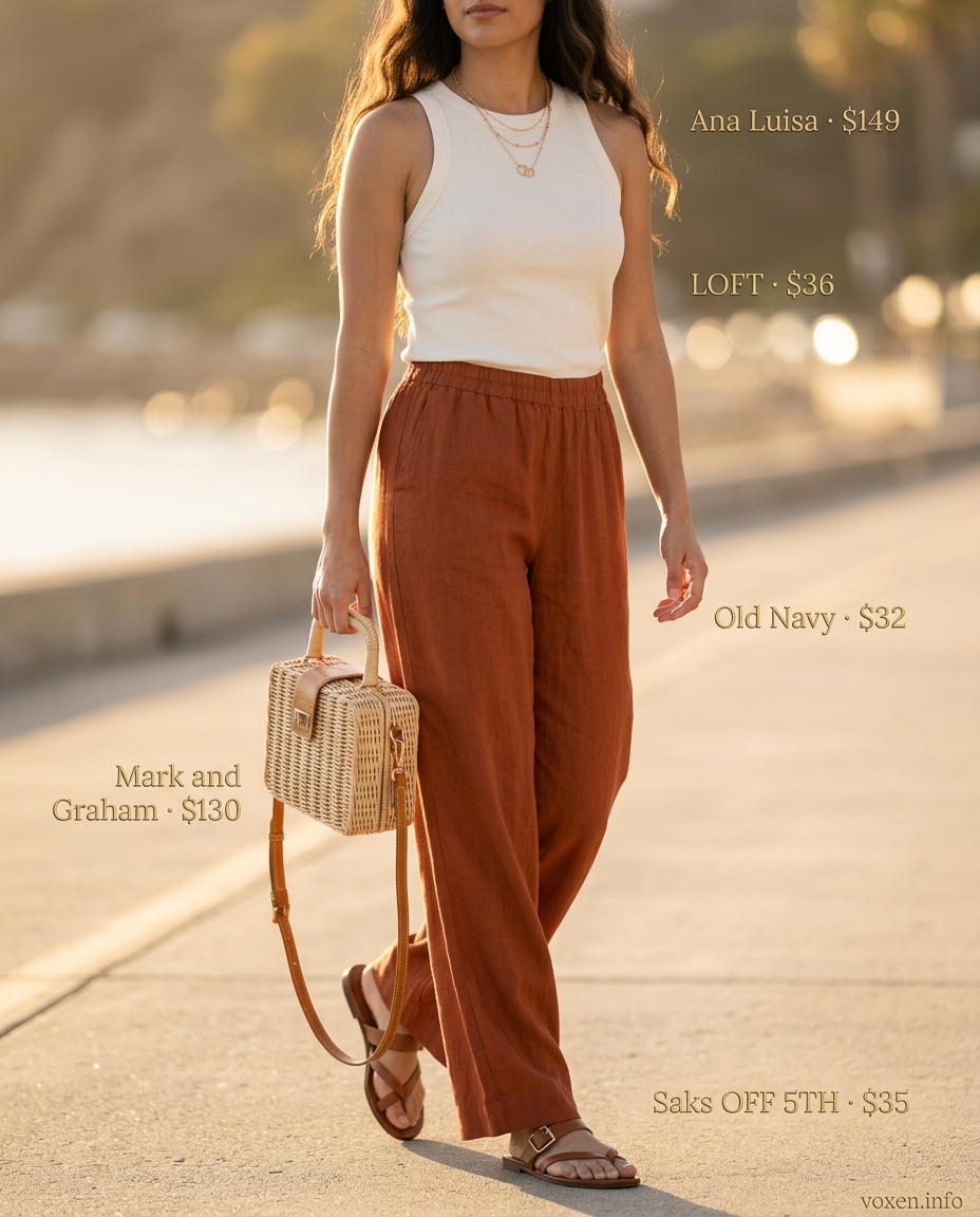 Mediterranean Breeze outfit with summer pants for women 2026: terracotta linen pants, cream tank, straw bag, and gold necklaces.