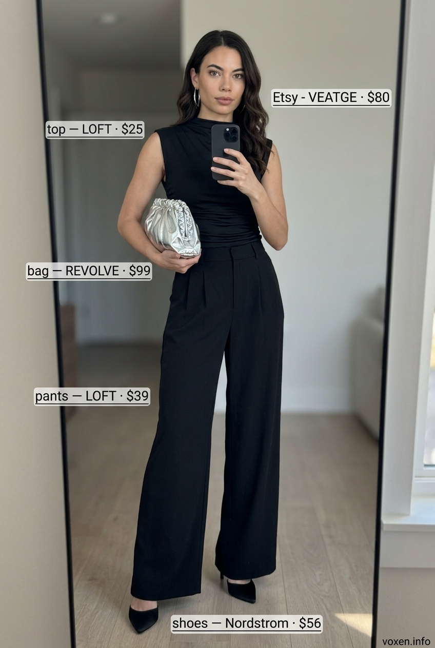 Monochrome Power outfit with summer pants for women 2026: black wide-leg crepe pants, mock neck top, silver accessories.