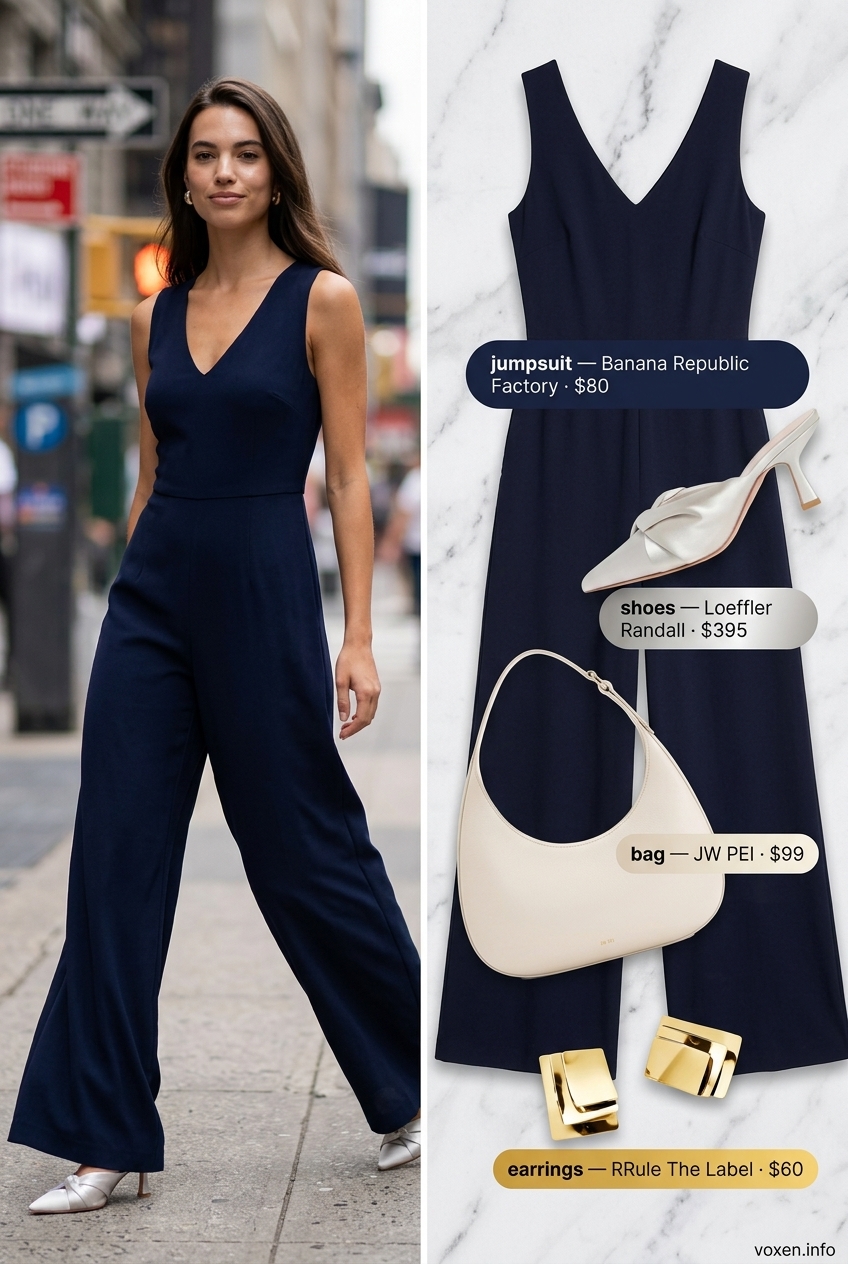 Navy blue wide-leg jumpsuit for women 2026, perfect for evening events, paired with cream heels and gold accessories.
