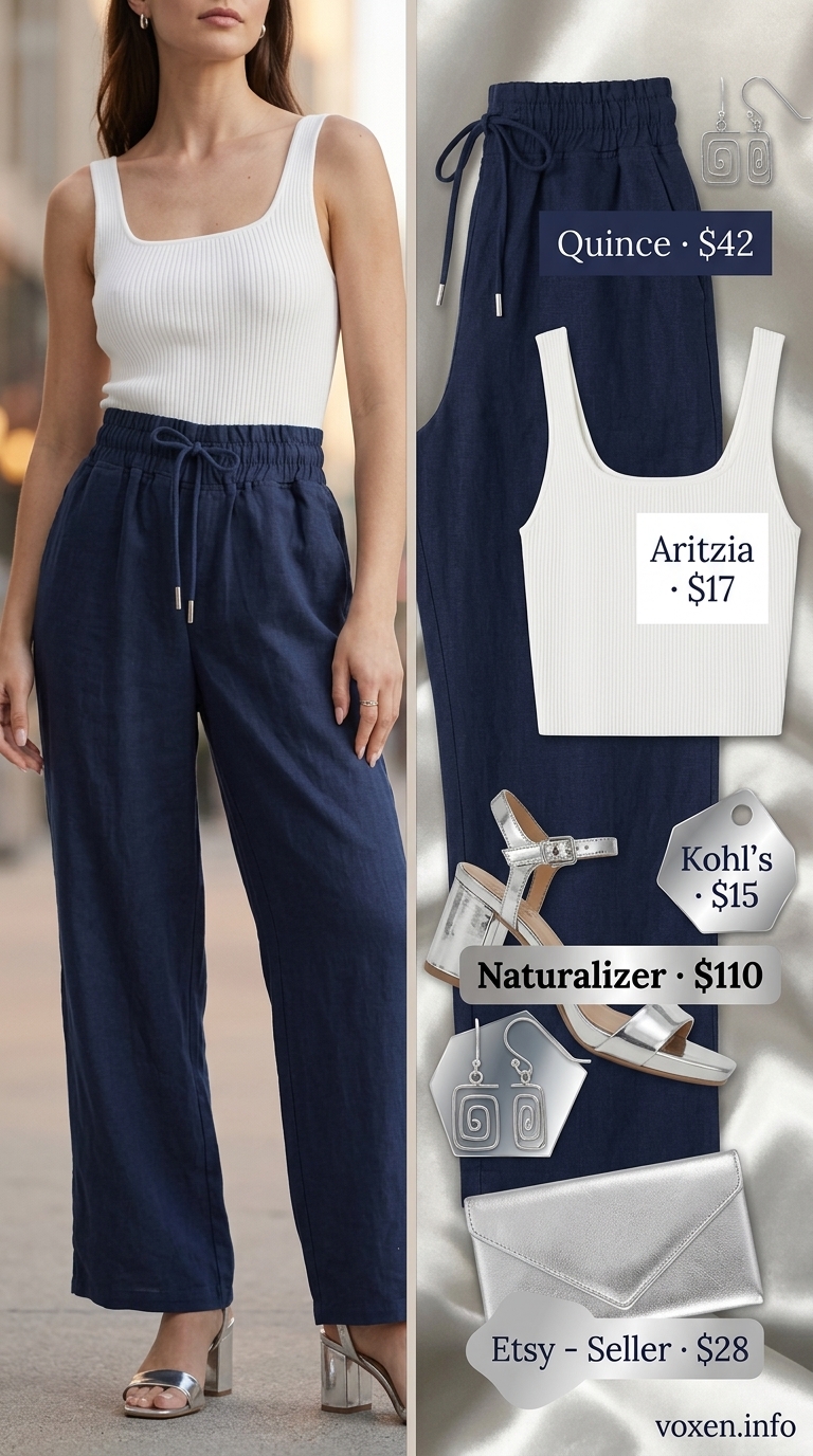 Navy blue wide-leg pants for women 2026, styled with a white crop top and silver sandals for a chic dinner look.