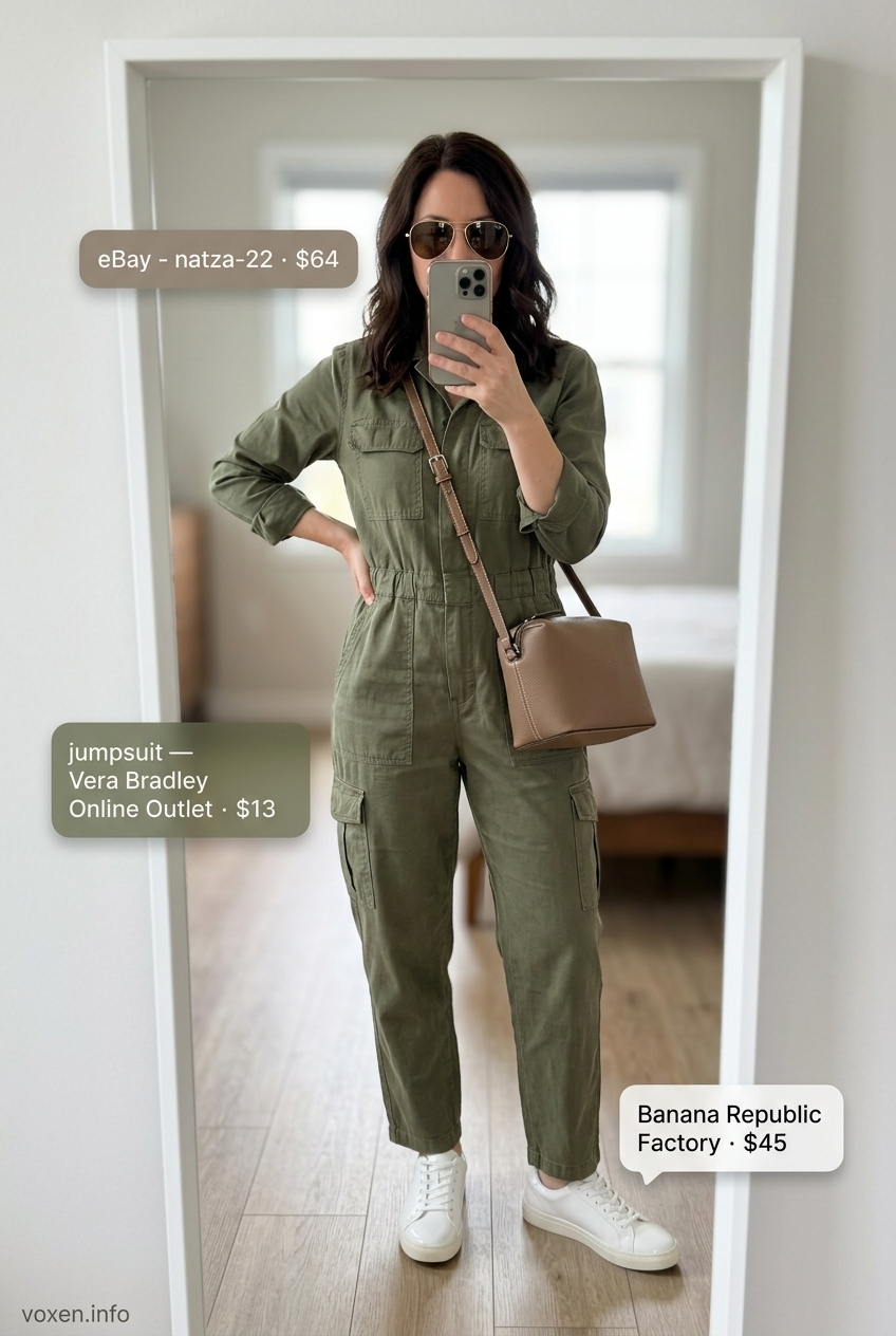 Olive green utility jumpsuit with white sneakers and tan crossbody bag for summer pants for women 2026.