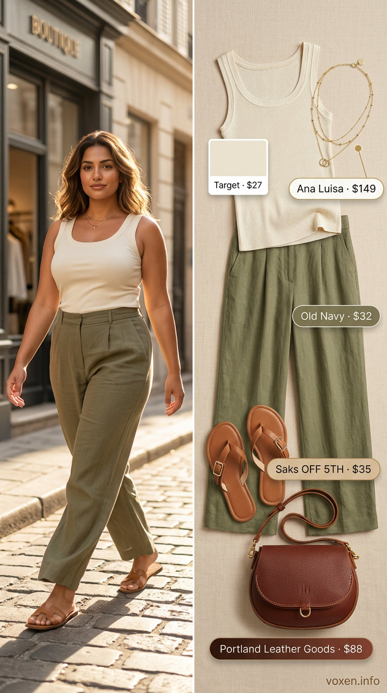 Olive green linen pants for women 2026, styled with a cream tank top and tan sandals for a chic casual look.