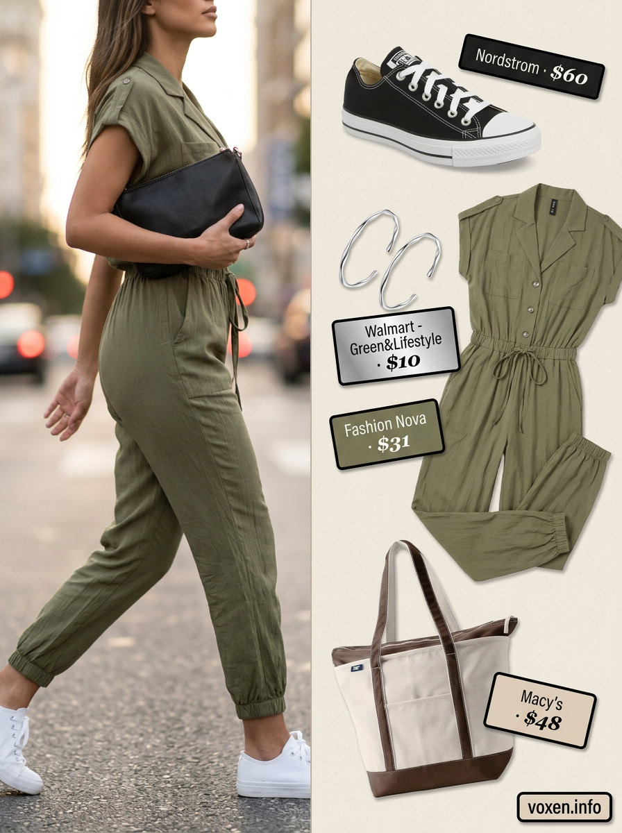 Olive green utility jumpsuit with black sneakers and tote bag for summer pants for women 2026.