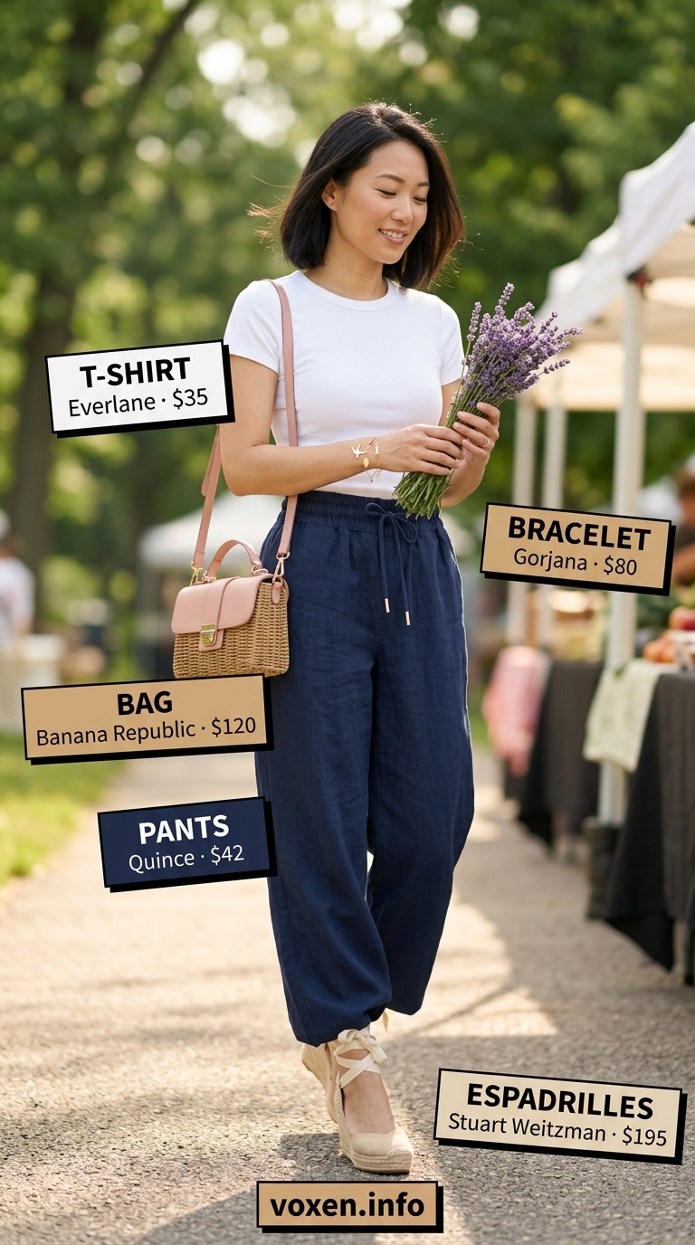 Pastel pink midi skirt outfit with white tee, espadrilles, and straw bag for summer pants for women 2026.