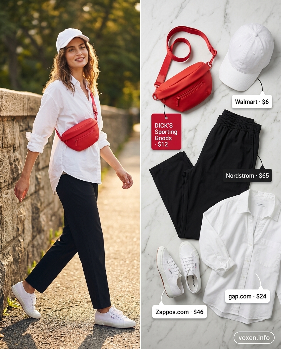 Weekend Explorer outfit with summer pants for women 2026: denim jeans, white shirt, baseball cap, red belt bag, and sneakers.