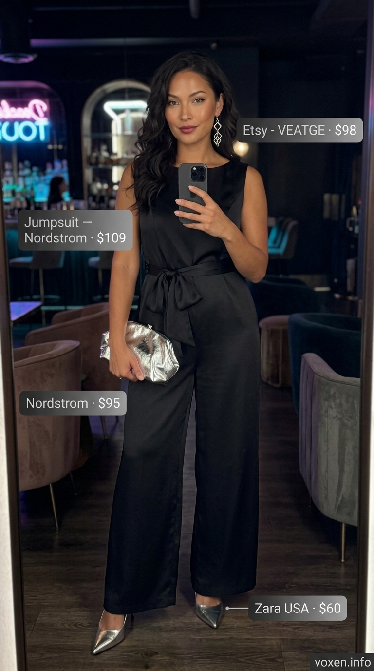 Black wide-leg jumpsuit with silver heels and statement earrings for a summer party outfit for women 2026.