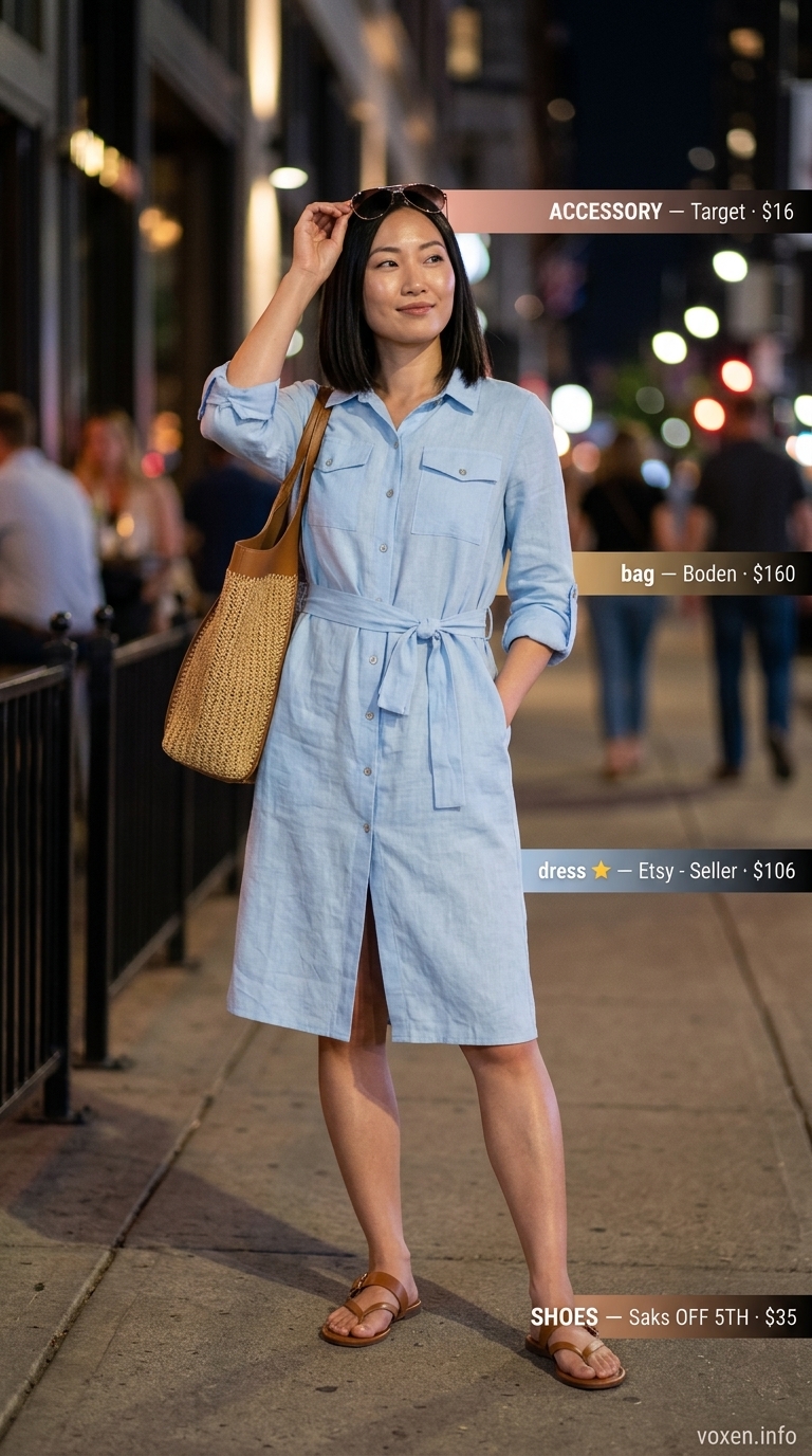 Sky blue linen shirt dress with tan sandals and straw tote for a summer party outfit for women 2026.