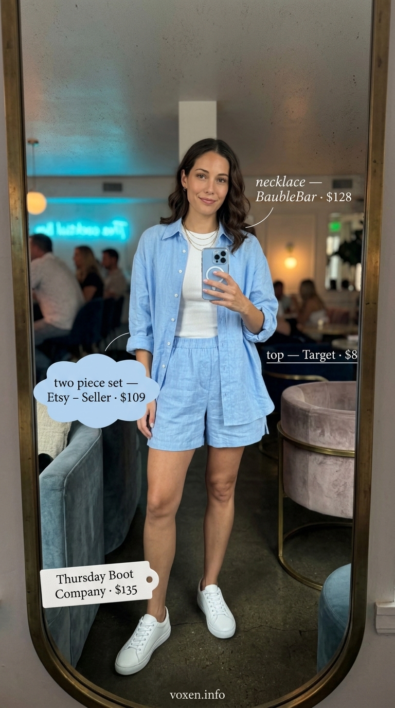 Sky blue linen shorts set with white tank and sneakers for a summer party outfit for women 2026.