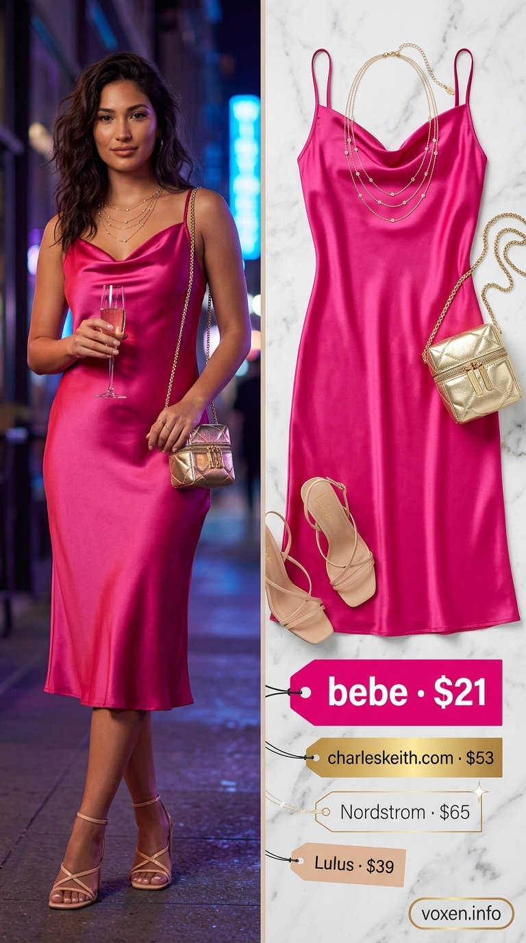 Elegant blush pink slip dress for women, ideal summer party outfit 2026. Satin midi dress with gold jewelry & nude heels.