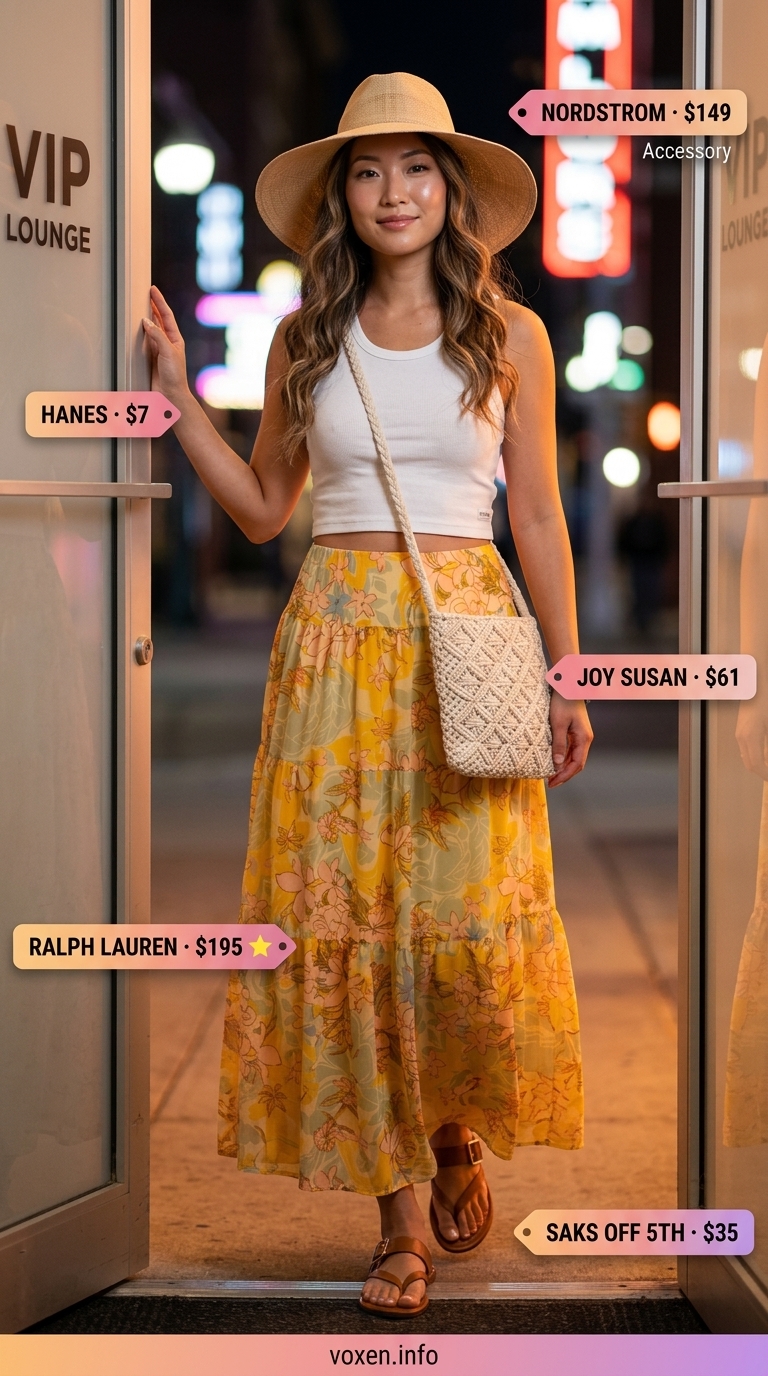 Bohemian summer party outfit for women 2026: Floral maxi skirt, white crop top, straw hat & macrame bag.