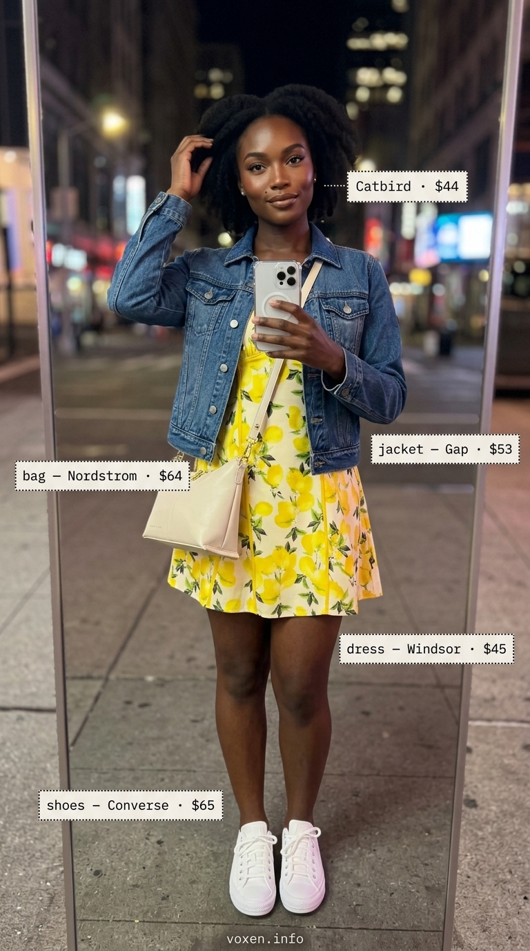 Playful summer party outfit for women 2026: Citrus print mini dress, denim jacket, white sneakers & bag.