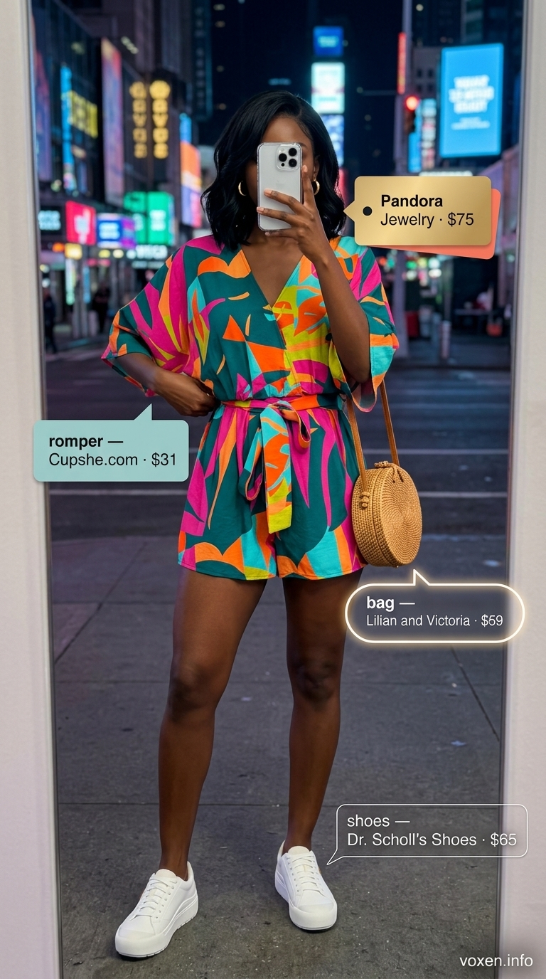 Multi-color print romper with white sneakers and straw bag for a summer party outfit for women 2026.