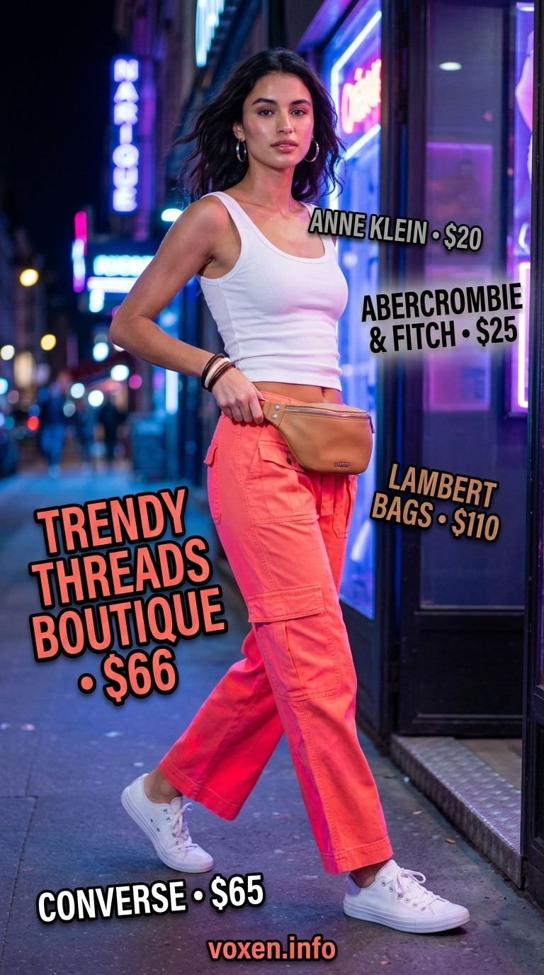 Trendy summer party outfit for women 2026: Coral cargo pants, white tank, sneakers & tan belt bag.