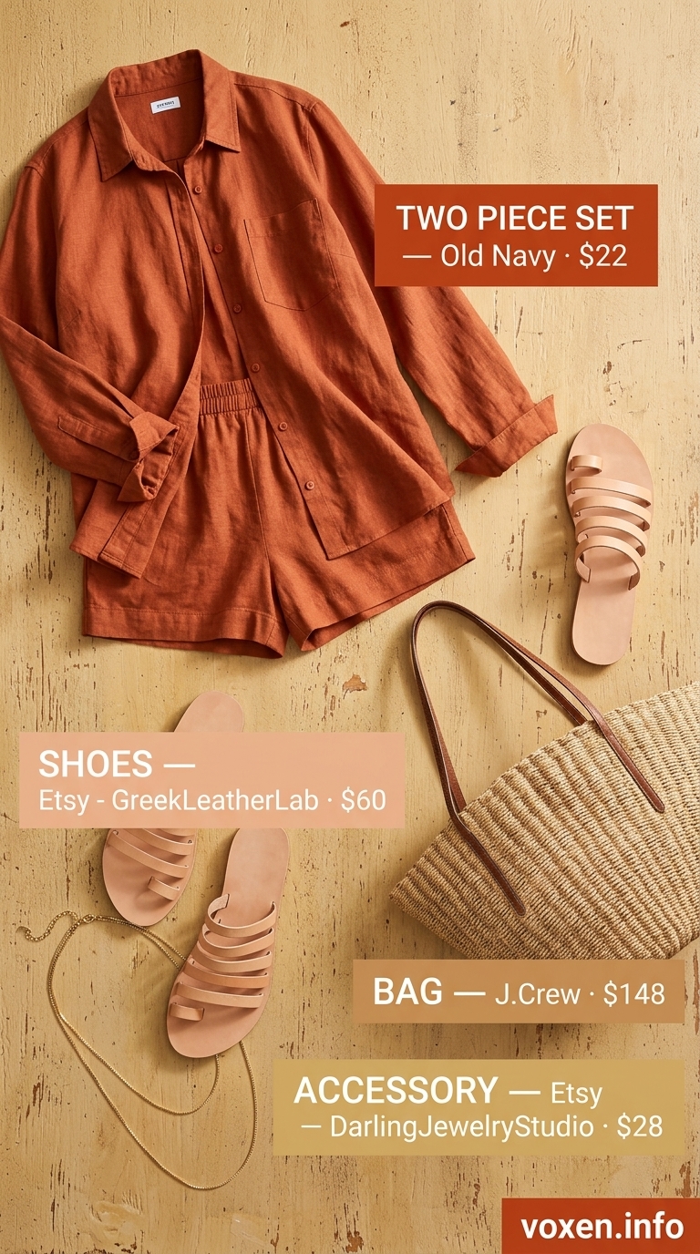 Coral linen shorts set with straw tote and gold jewelry for a summer party outfit for women 2026.