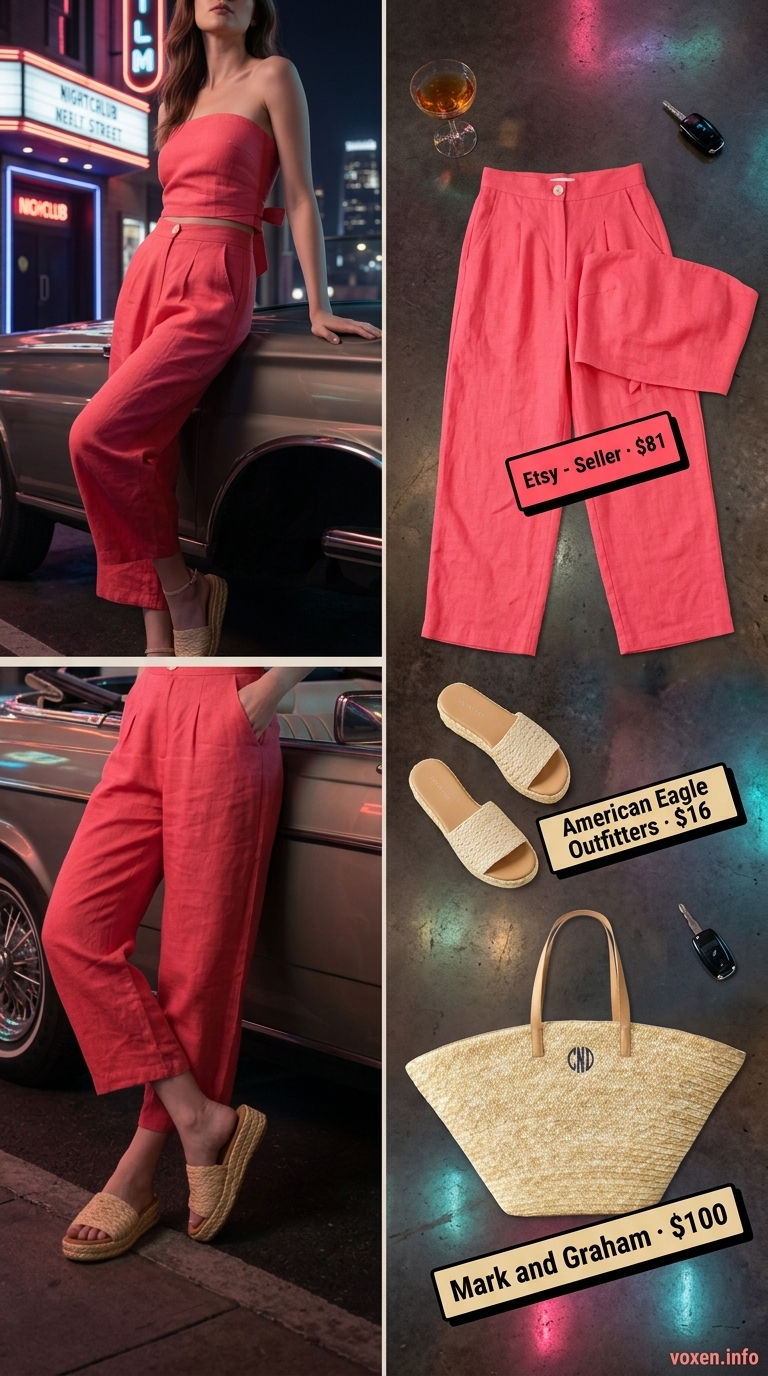 Vibrant coral linen set for women, perfect summer party outfit 2026. Halter top & wide-leg pants with straw tote & espadrilles.