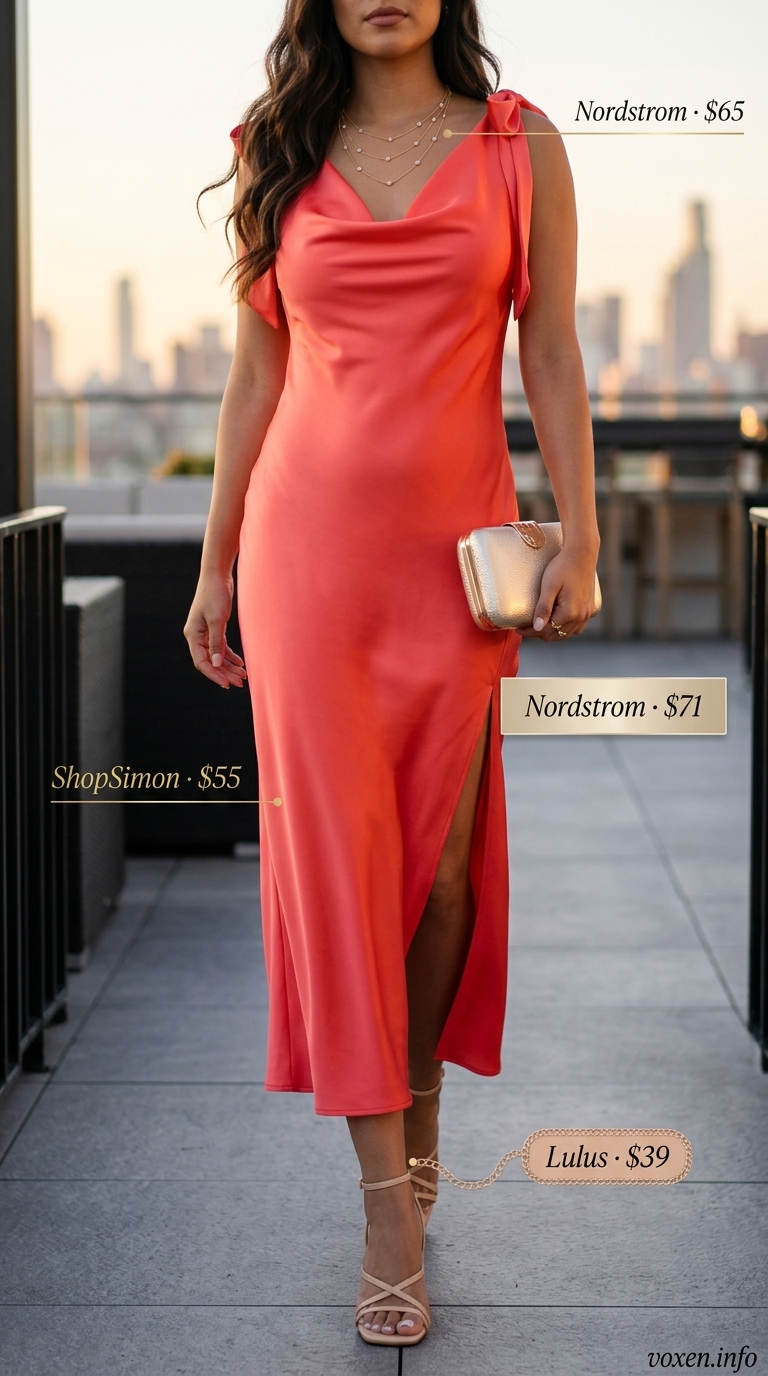Sophisticated coral slip dress for women, glamorous summer party outfit 2026. Satin midi dress with gold jewelry & strappy sandals.