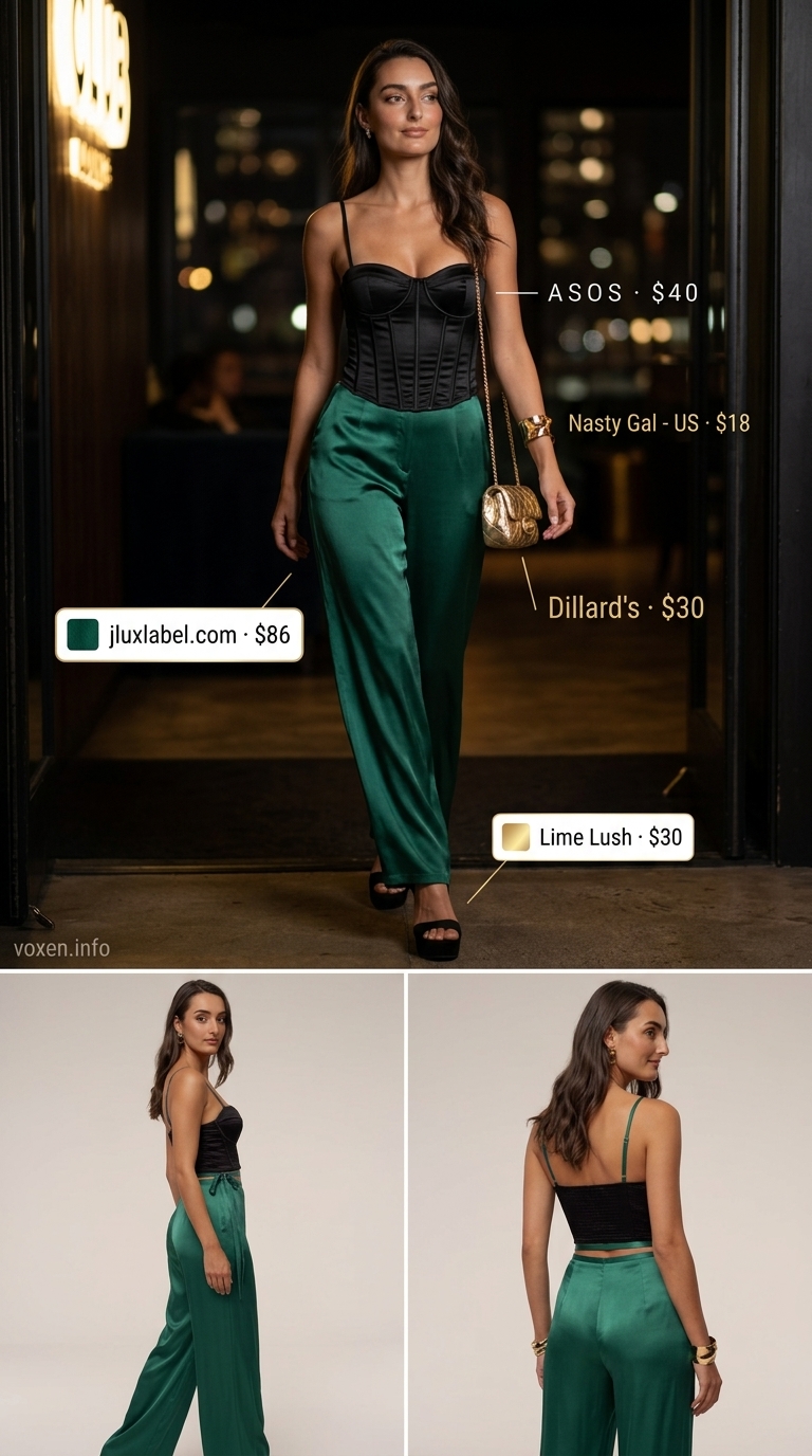 Emerald green wide-leg pants with black corset top for an evening summer party outfit for women 2026.