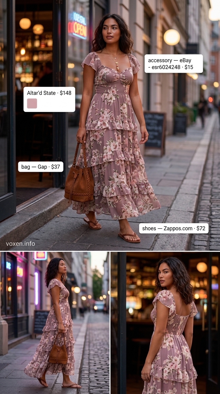 Muted floral maxi dress with suede bag and leather sandals for a summer party outfit for women 2026.