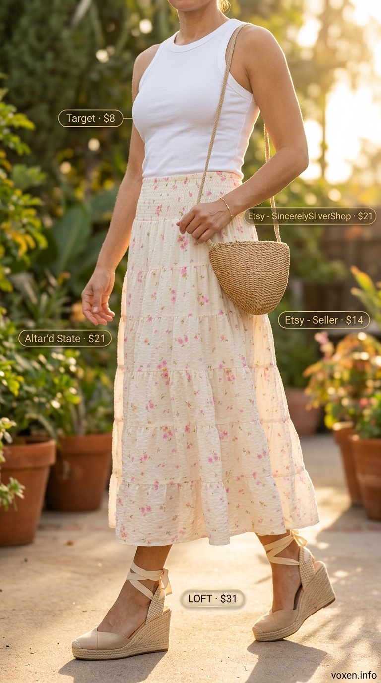Pastel floral midi skirt with white tank and espadrilles for a summer party outfit for women 2026.