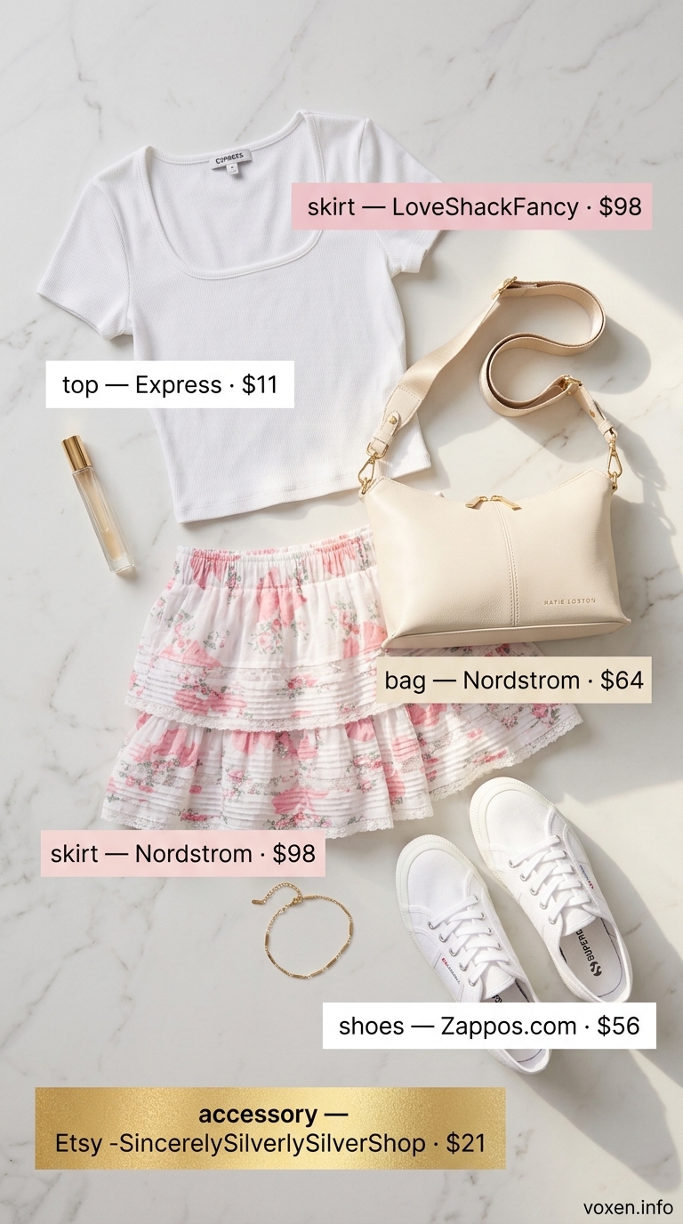 Pastel floral mini skirt with white knit top and sneakers for a summer party outfit for women 2026.