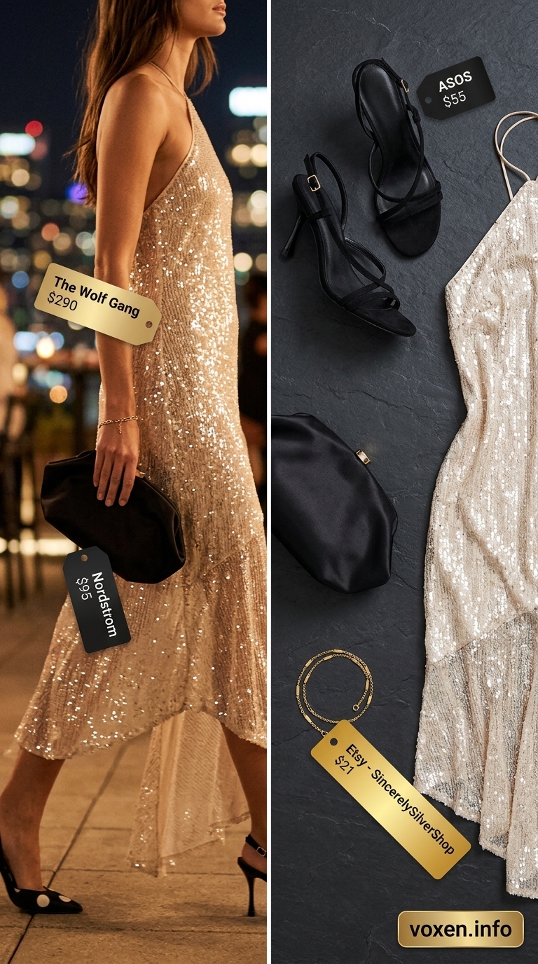 Glamorous summer party outfit for women 2026: Gold sequin maxi dress, black heels & clutch.