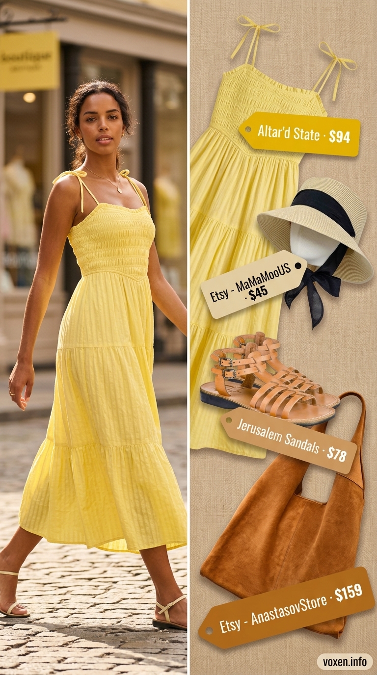 Golden yellow maxi dress with gladiator sandals and straw hat for a summer party outfit for women 2026.
