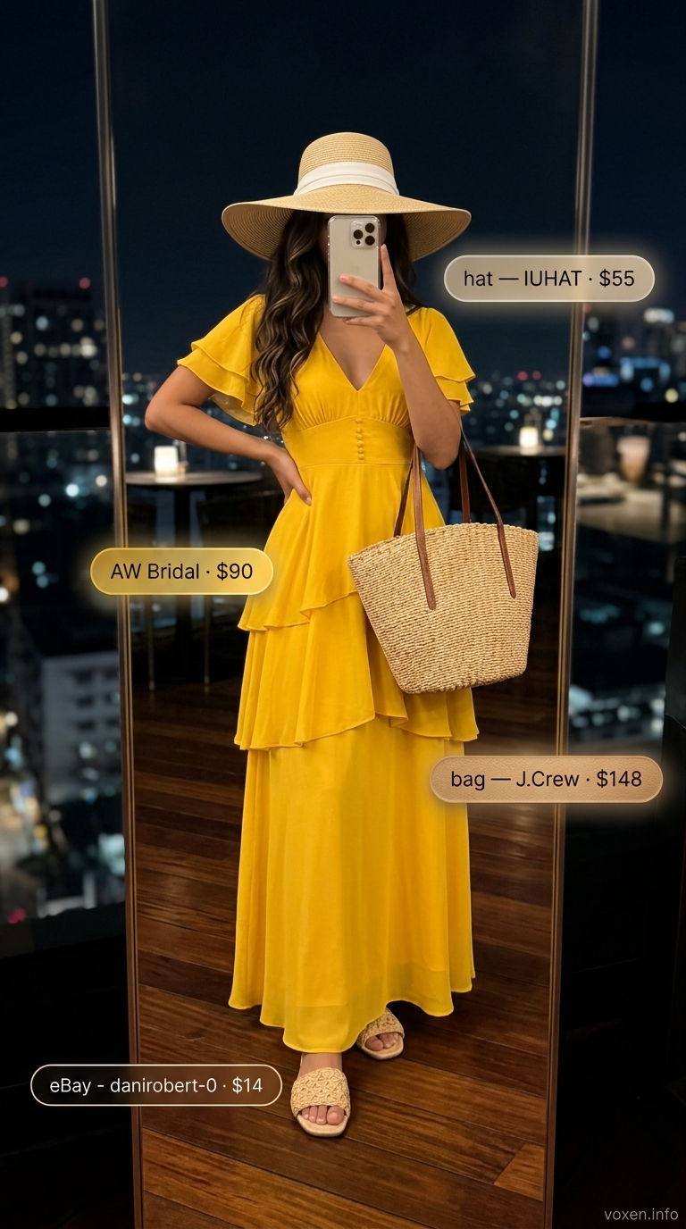 Bohemian golden yellow maxi dress for women, radiant summer party outfit 2026. Dress with straw hat, tote & flat sandals.