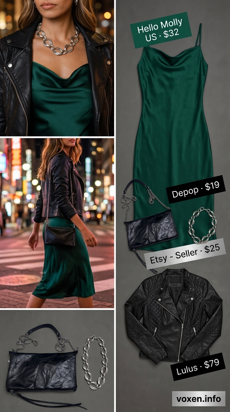 Edgy summer party outfit for women 2026: Emerald slip dress, black moto jacket, silver jewelry & heels.