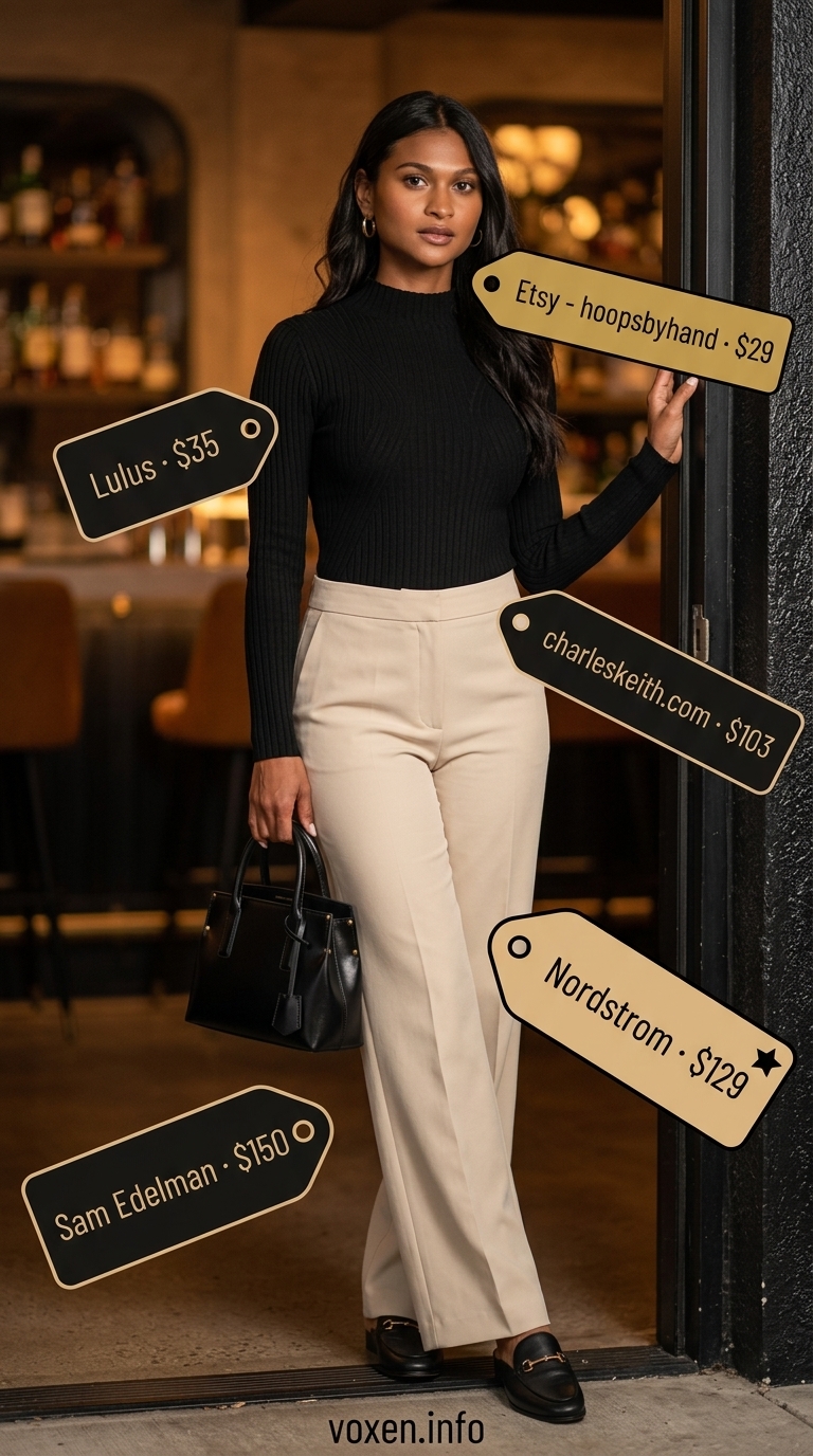 Minimalist summer party outfit for women 2026: Beige wide-leg pants, black bodysuit, gold hoops & mules.