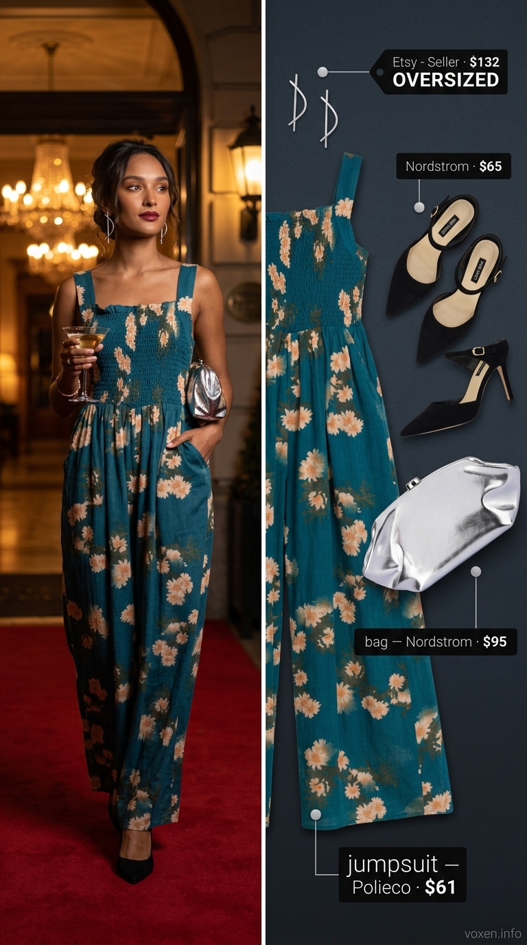 Sophisticated navy floral jumpsuit for women, chic summer party outfit 2026. Wide-leg jumpsuit with statement earrings & clutch.