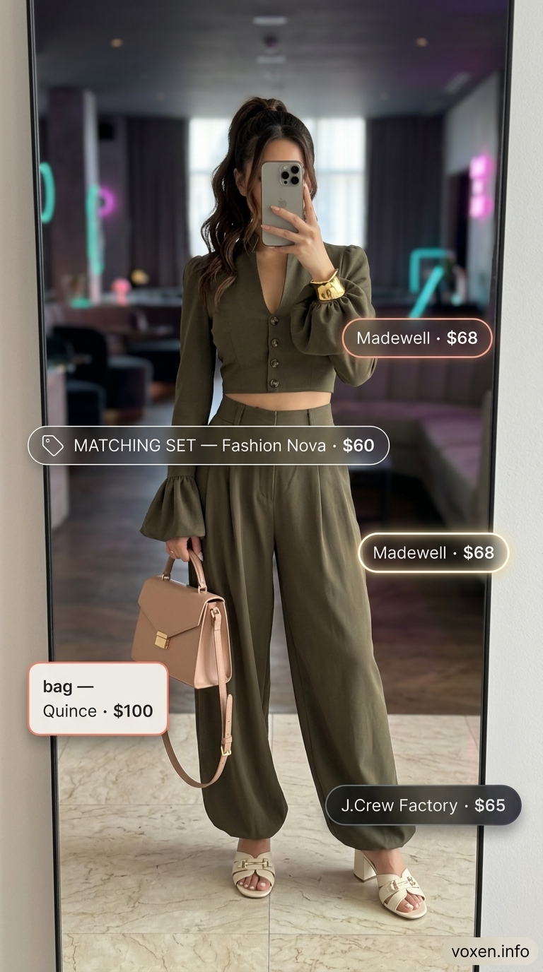 Polished olive green linen set for women, modern summer party outfit 2026. Linen trousers & shell top with crossbody bag & mules.