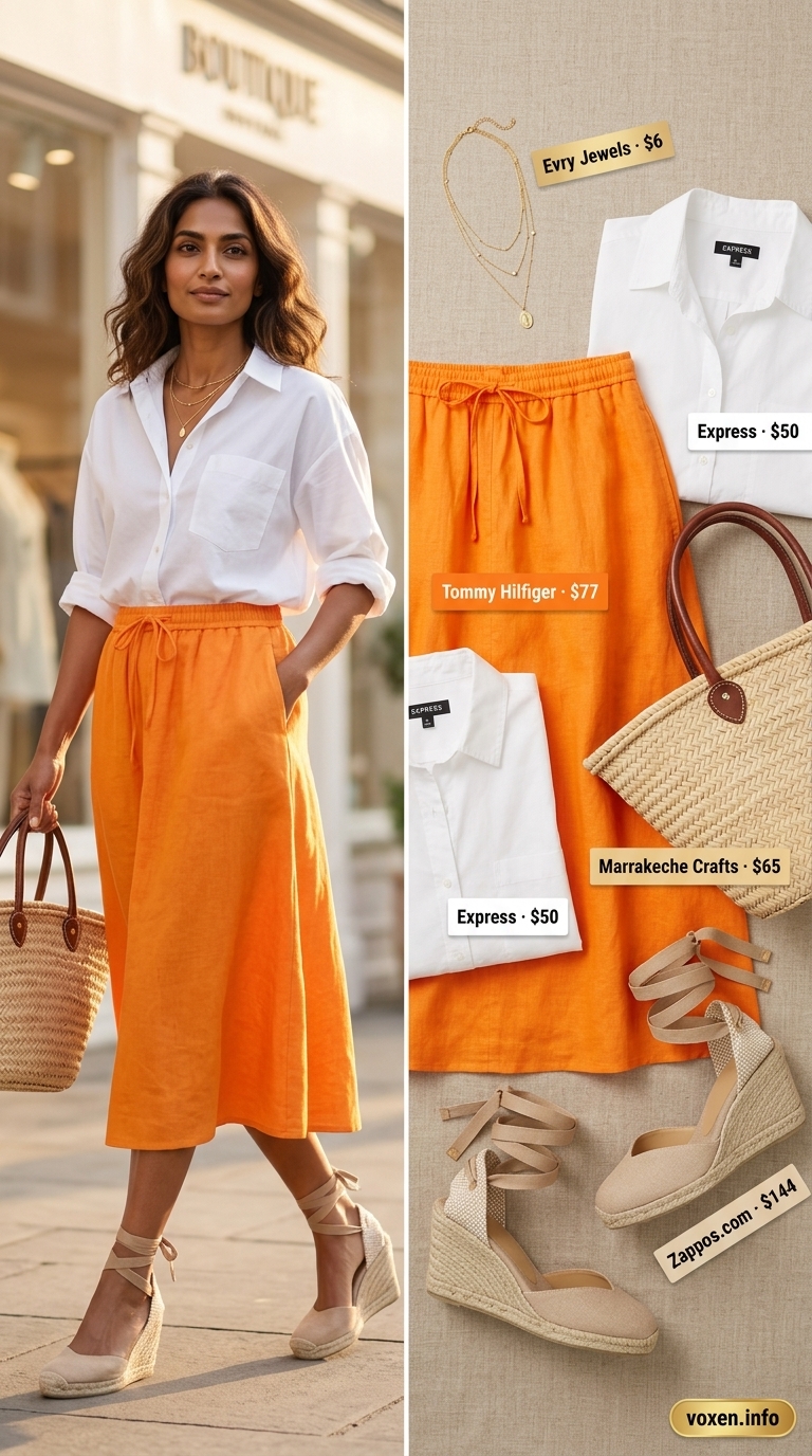 Playful orange linen skirt outfit for women, fresh summer party look 2026. Midi skirt, button-down shirt, espadrilles & raffia tote.