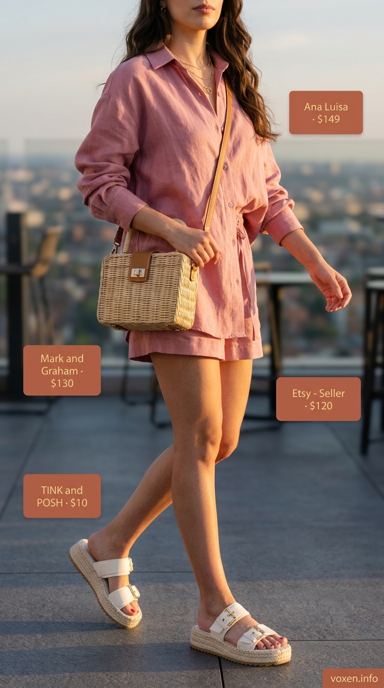Sweet summer party outfit for women 2026: Pink linen shorts set, espadrilles, straw bag & gold jewelry.