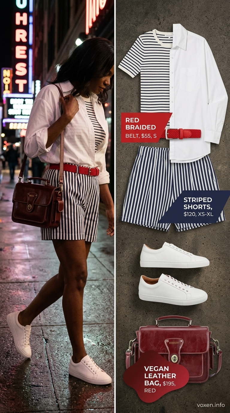Preppy summer party outfit for women 2026: Striped shorts, white button-down, red bag & sneakers.