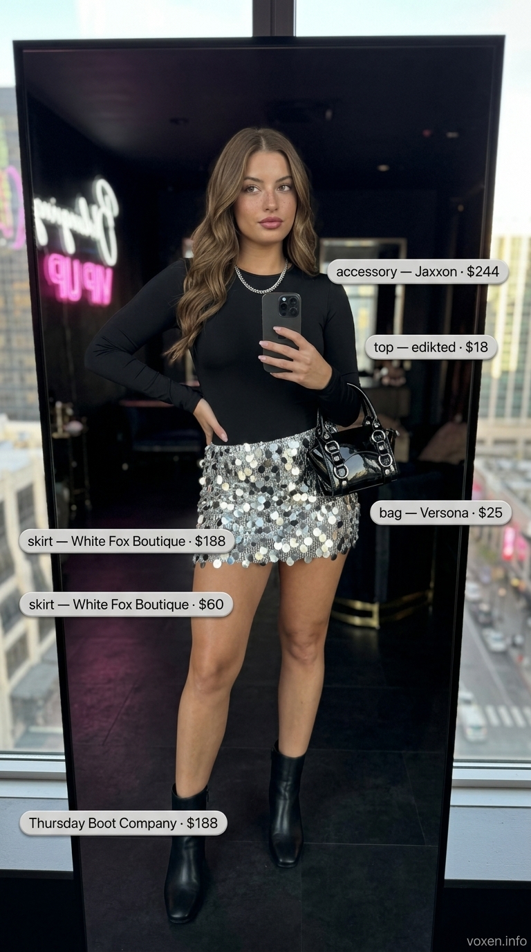 Glamorous silver sequin mini skirt outfit for women, edgy summer party look 2026. Sequin skirt, bodysuit, ankle boots & crossbody.