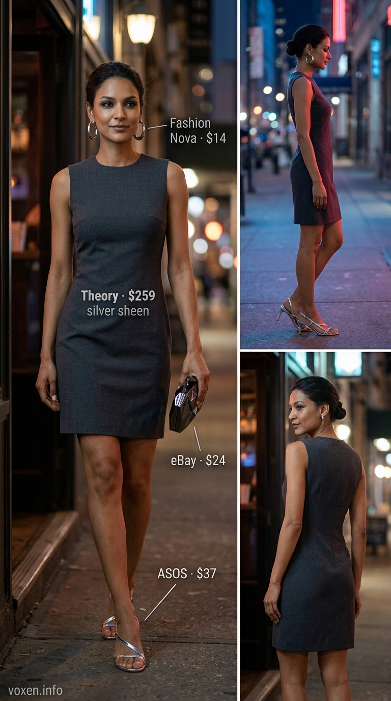 Modern charcoal grey sheath dress for women, chic city summer party outfit 2026. Dress with silver heels, clutch & hoop earrings.