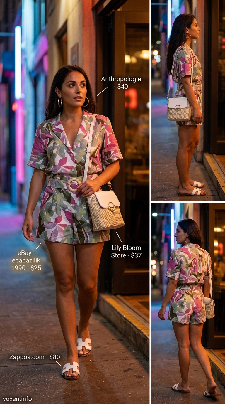 Relaxed tropical linen set for women, fun summer party outfit 2026. Linen shorts & crop top with straw bag & leather slides.