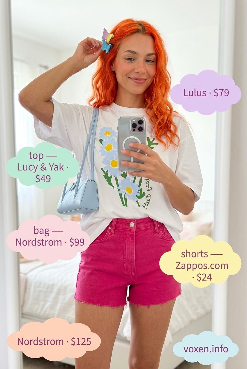 Hot pink denim shorts with graphic tee for a retro look. Summer Pink Outfits for Women 2026.