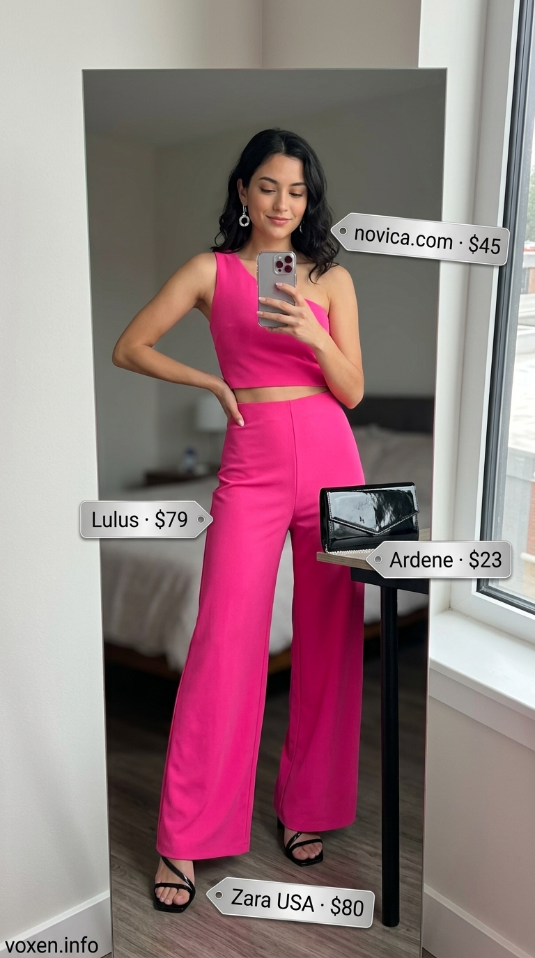 Bold hot pink wide-leg jumpsuit for a night out. Summer Pink Outfits for Women 2026.