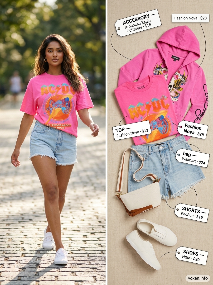 Hot pink graphic tee with denim shorts for a casual outing. Summer Pink Outfits for Women 2026.