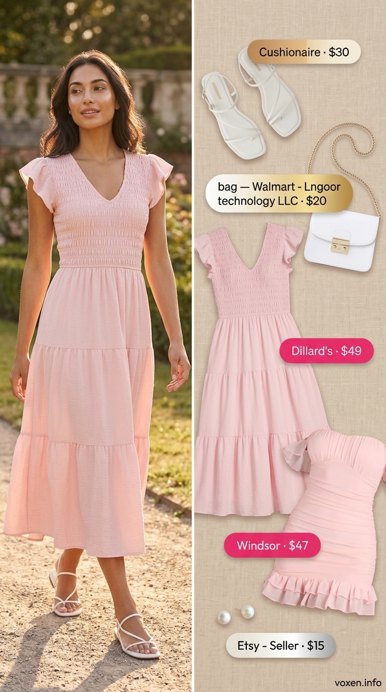 Pastel pink flowy midi dress for a daytime date. Summer Pink Outfits for Women 2026.