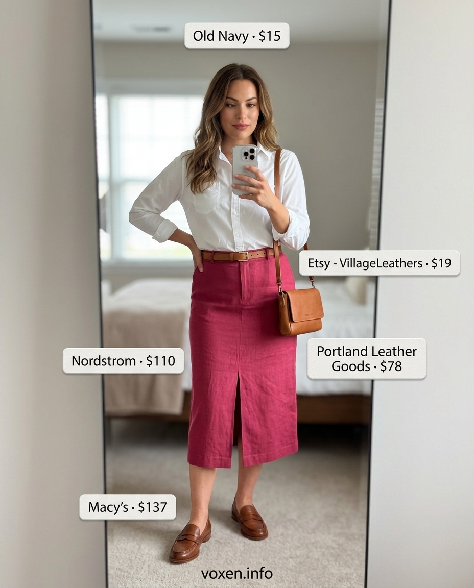 Raspberry pink linen midi skirt and white shirt for smart casual. Summer Pink Outfits for Women 2026.