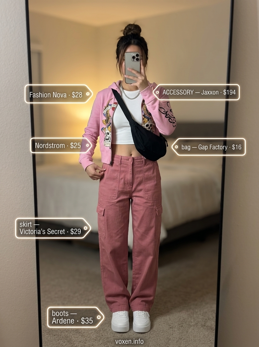 Rose pink cargo pants with crop top for street style. Summer Pink Outfits for Women 2026.