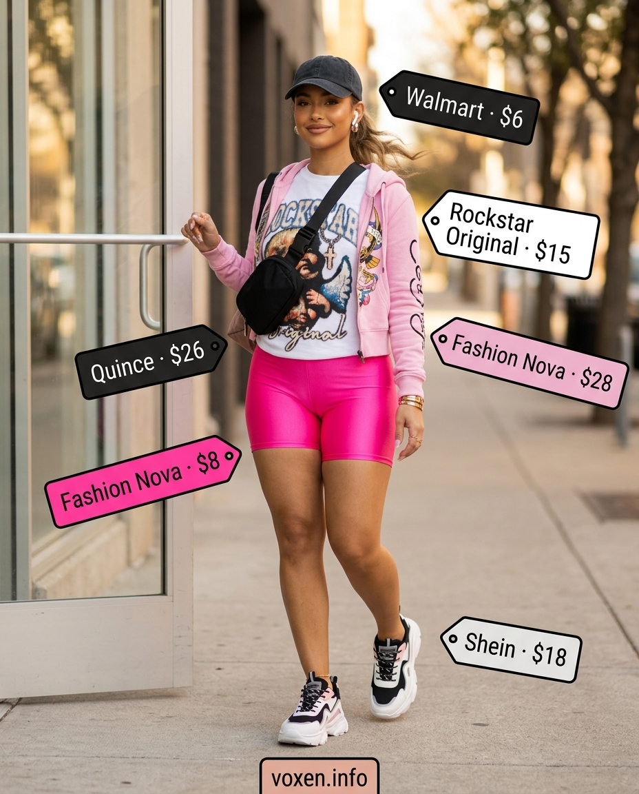 Athleisure chic summer pink outfits for women 2026: Hot pink biker shorts with oversized graphic tee.