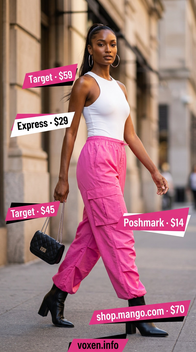 Barbie pink cargo pants outfit for summer 2026, with a white bodysuit and black boots.