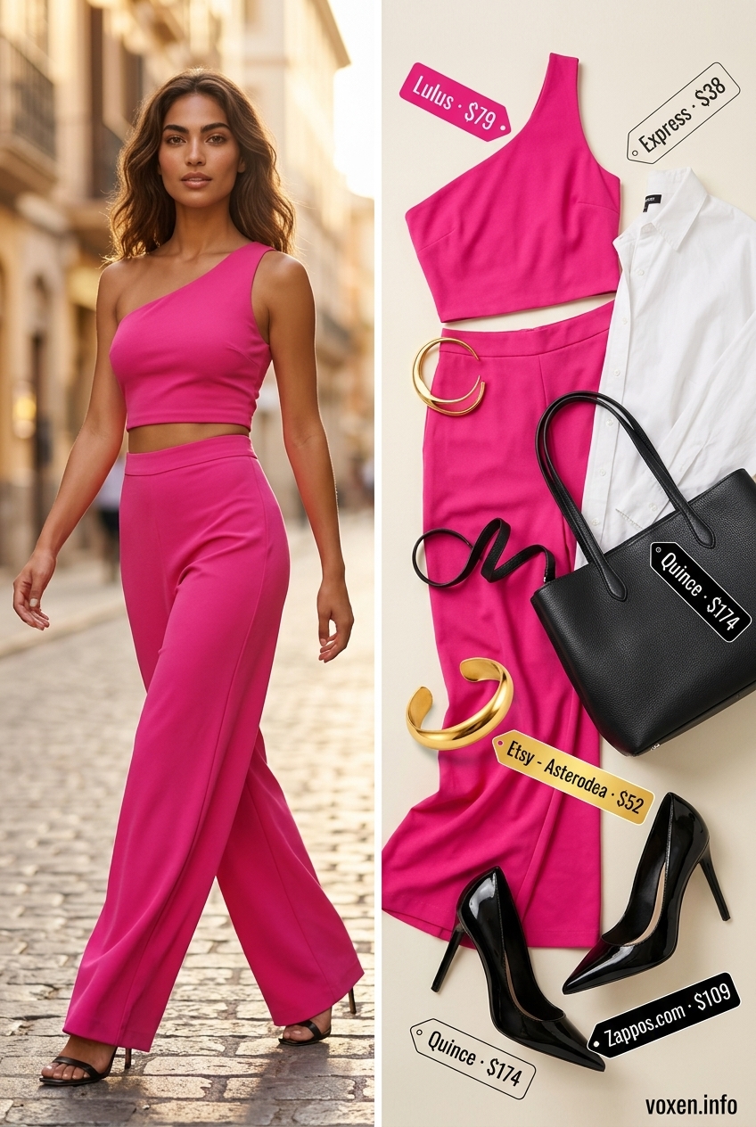 Chic urban summer pink outfits for women 2026: Fuchsia wide-leg trousers with crisp white shirt.