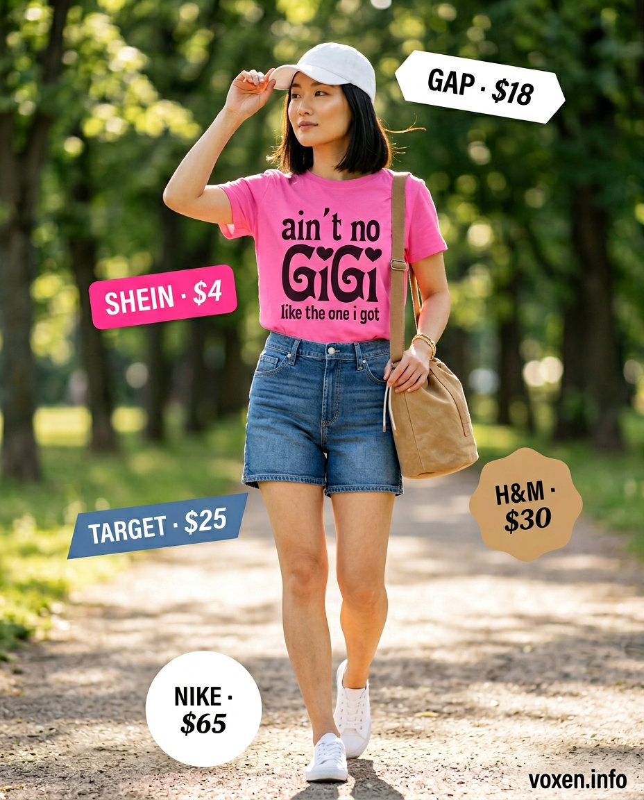 Hot pink graphic tee with denim shorts for summer outfits for women 2026, styled for a picnic.