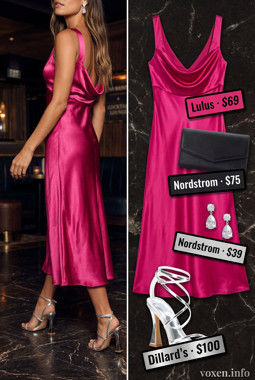 Glamorous summer pink outfits for women 2026: Hot pink slip dress with silver heels. Ideal for cocktail hour.
