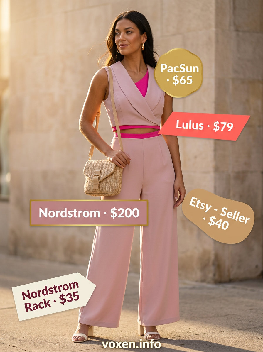 Rose pink wide-leg jumpsuit for summer outfits for women 2026, paired with cream block heels and gold hoops.